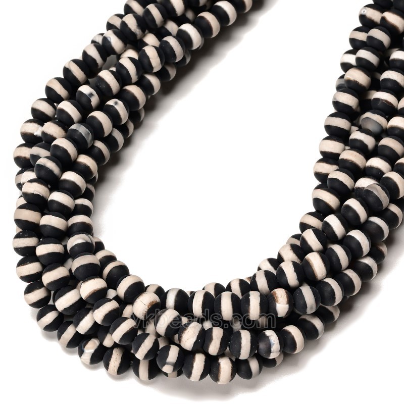 White Stripe Black Tibetan dZi Agate Matte Round Beads Strands, Approx 6-10mm, 38cm/strand