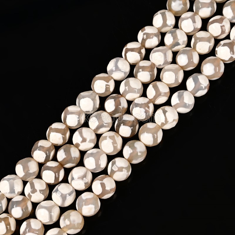 Football Pattern White Tibetan dZi Agate Faceted Round Beads Strands, Approx 6-12mm, 38cm/strand