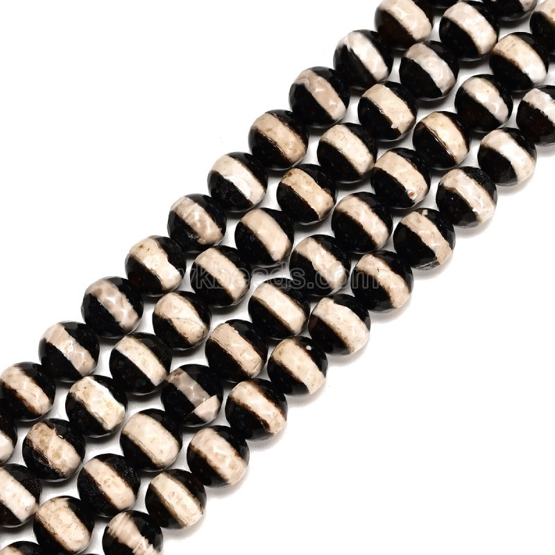 White Stripe Black Tibetan dZi Agate Faceted Round Beads Strands, Approx 6-12mm, 38cm/strand