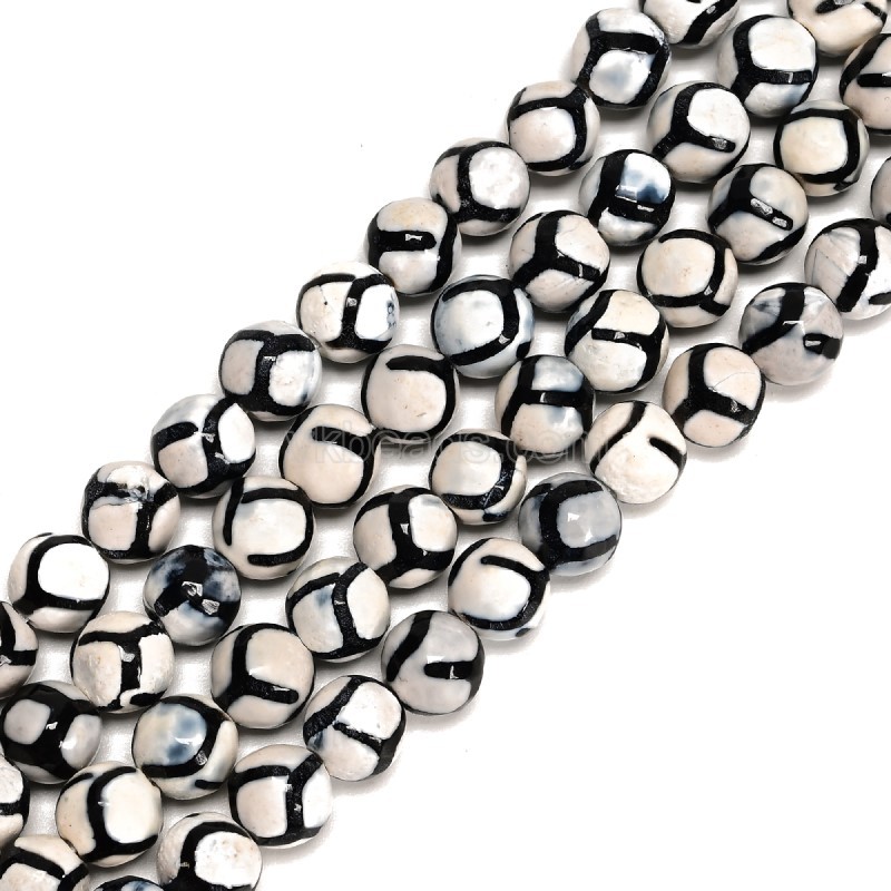 Football Pattern White Tibetan dZi Agate Faceted Smooth Beads Strands, Approx 6-12mm, 38cm/strand