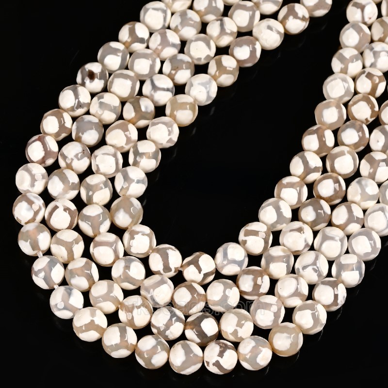 Football Pattern White Tibetan dZi Agate Faceted Round Beads Strands, Approx 6-12mm, 38cm/strand