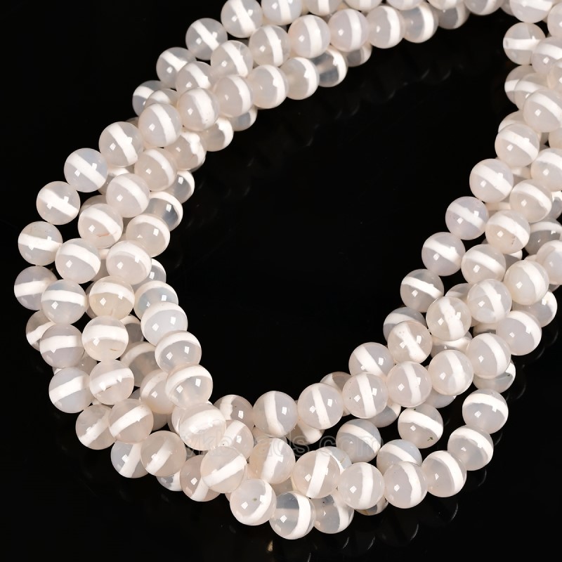 White Stripe Grey Tibetan dZi Agate Smooth Round Beads Strands, Approx 6-10mm, 38cm/strand