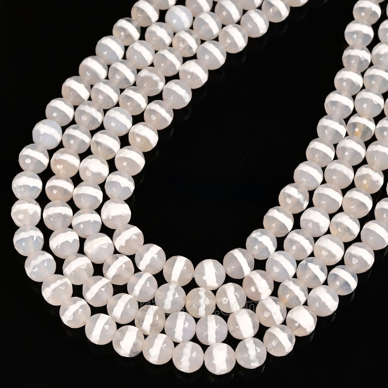 White Stripe Grey Tibetan dZi Agate Faceted Round Beads Strands, Approx 6-10mm, 38cm/strand