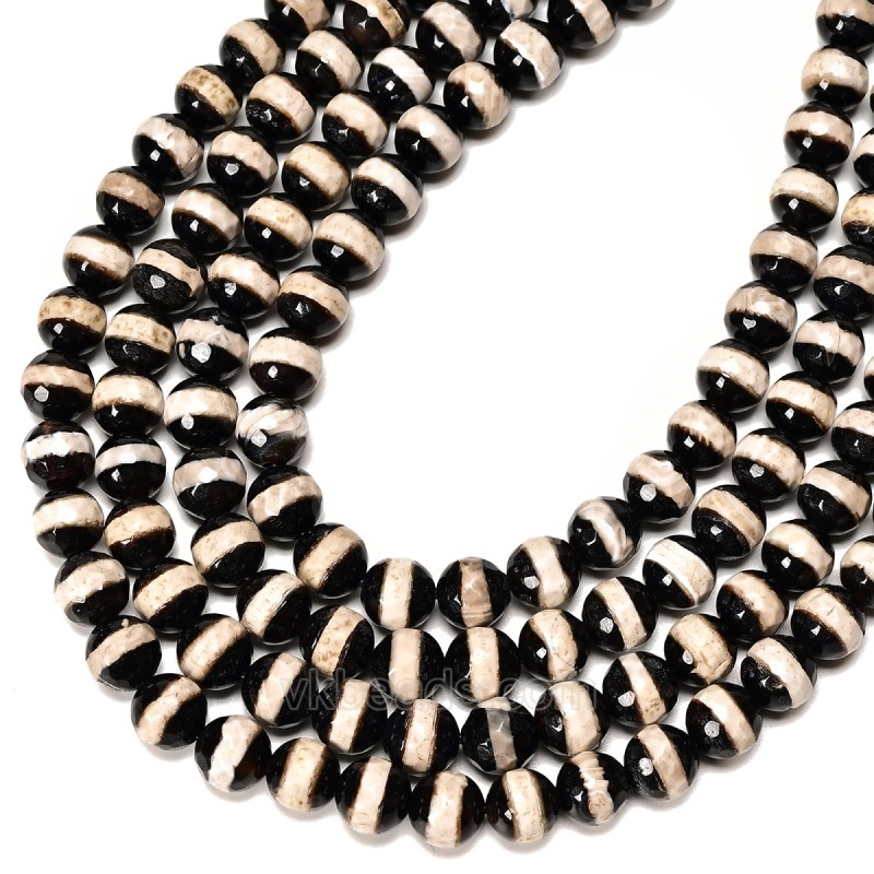 White Stripe Black Tibetan dZi Agate Faceted Round Beads Strands, Approx 6-12mm, 38cm/strand