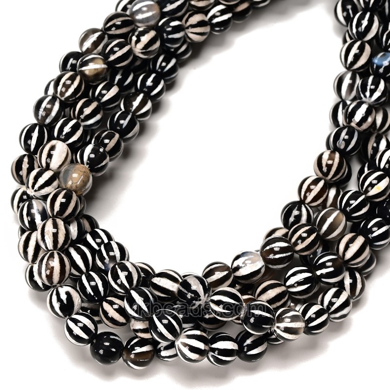 Watermelon Stripe Black Tibetan dZi Agate Smooth Round Beads Strands, Approx 6-10mm, 38cm/strand