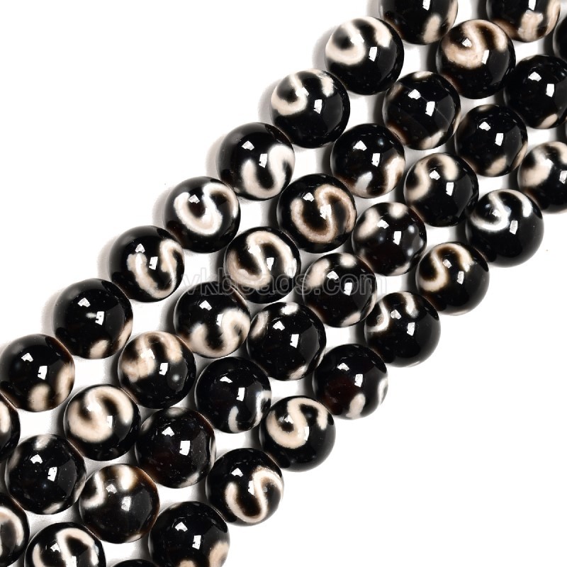 Money Hook Pattern Black Tibetan dZi Agate Smooth Round Beads Strands, Approx 10mm, 38cm/strand