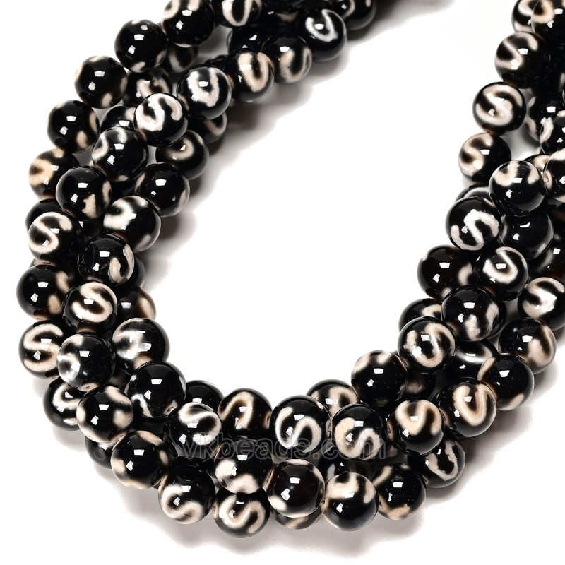 Money Hook Pattern Black Tibetan dZi Agate Smooth Round Beads Strands, Approx 10mm, 38cm/strand