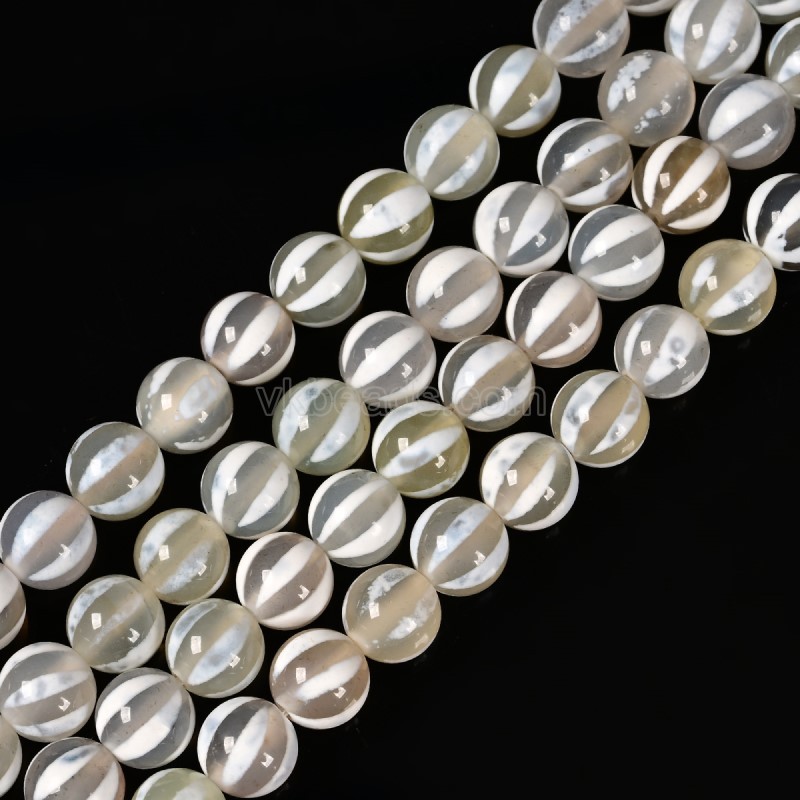 Watermelon Stripe Grey Tibetan dZi Agate Smooth Round Beads Strands, Approx 8-10mm, 38cm/strand