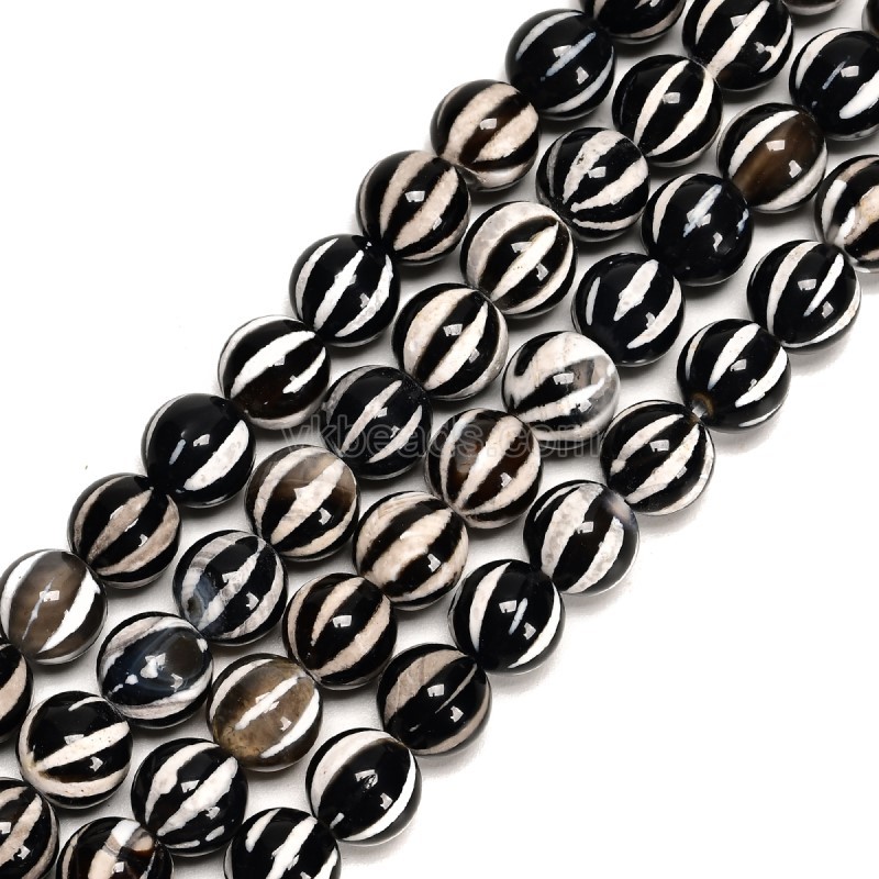 Watermelon Stripe Black Tibetan dZi Agate Smooth Round Beads Strands, Approx 6-10mm, 38cm/strand