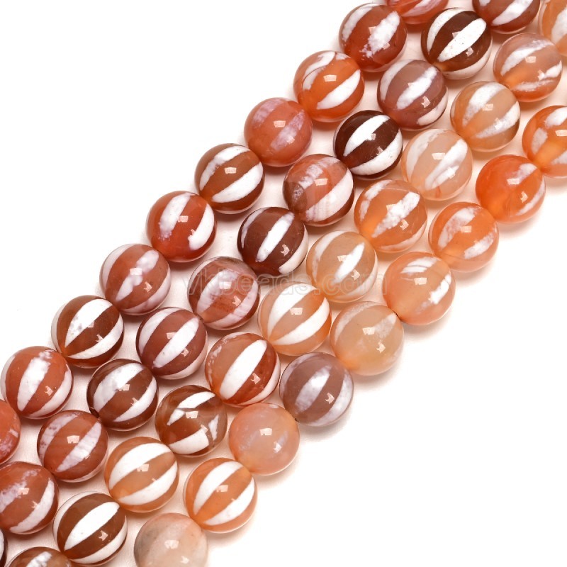 Watermelon Stripe Red Tibetan dZi Agate Smooth Round Beads Strands, Approx 10mm, 38cm/strand