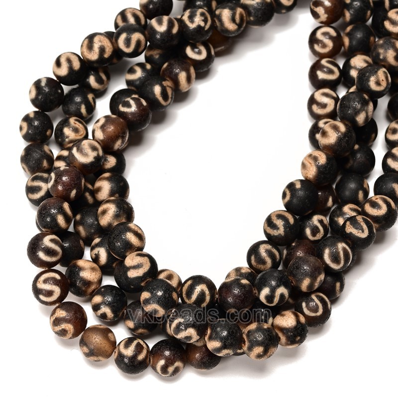 Money Hook Pattern Ivory Yellow Tibetan dZi Agate Smooth Round Beads Strands, Approx 10mm, 38cm/strand