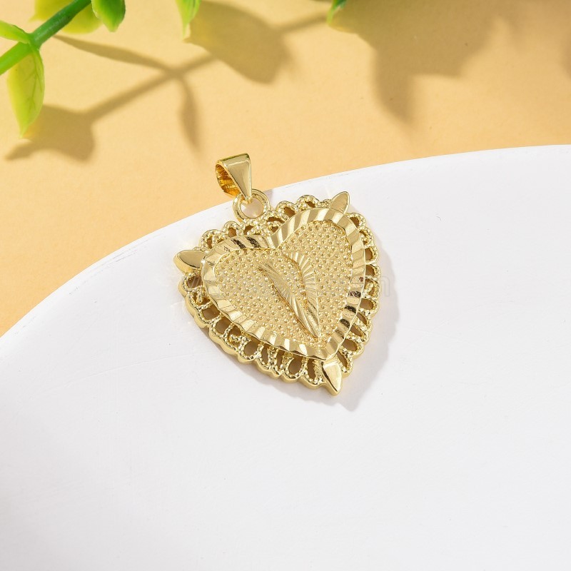 A-Z English Letters Gold Color Plated Brass Heart Shaped Charm Pendants, Approx 22x28mm, Sell by Piece