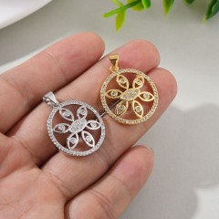 Evil Eye Pattern Brass Flat Round Charm Pendants, Micro Pave White Cubic Zirconia, Approx 21x28mm, Sell by Piece