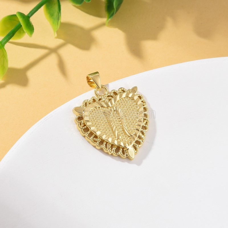 A-Z English Letters Gold Color Plated Brass Heart Shaped Charm Pendants, Approx 22x28mm, Sell by Piece