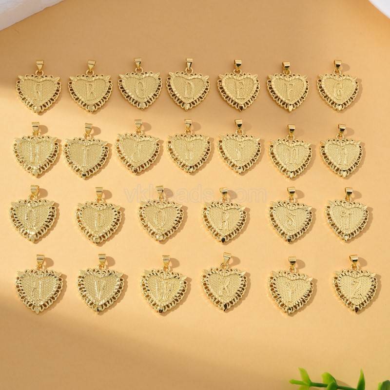 A-Z English Letters Gold Color Plated Brass Heart Shaped Charm Pendants, Approx 22x28mm, Sell by Piece