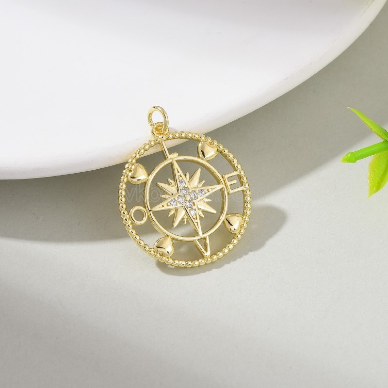 Openwork Compass Gold Color Plated Brass Flat Round Charm Pendants, Micro Pave White Cubic Zirconia, Sell by Piece