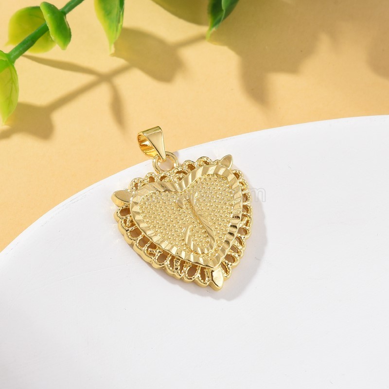 A-Z English Letters Gold Color Plated Brass Heart Shaped Charm Pendants, Approx 22x28mm, Sell by Piece
