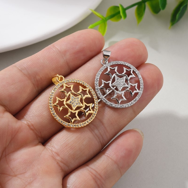 Six Stars Pattern Brass Flat Round Charm Pendants, Micro Pave White Cubic Zirconia, Approx 21x28mm, Sell by Piece
