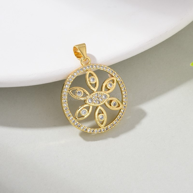 Evil Eye Pattern Brass Flat Round Charm Pendants, Micro Pave White Cubic Zirconia, Approx 21x28mm, Sell by Piece