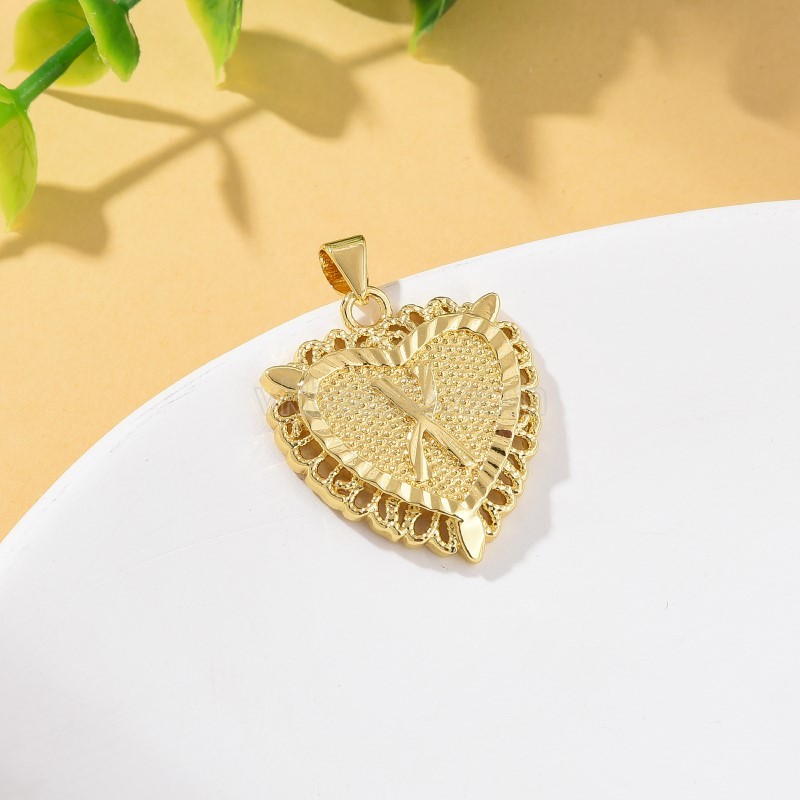 A-Z English Letters Gold Color Plated Brass Heart Shaped Charm Pendants, Approx 22x28mm, Sell by Piece