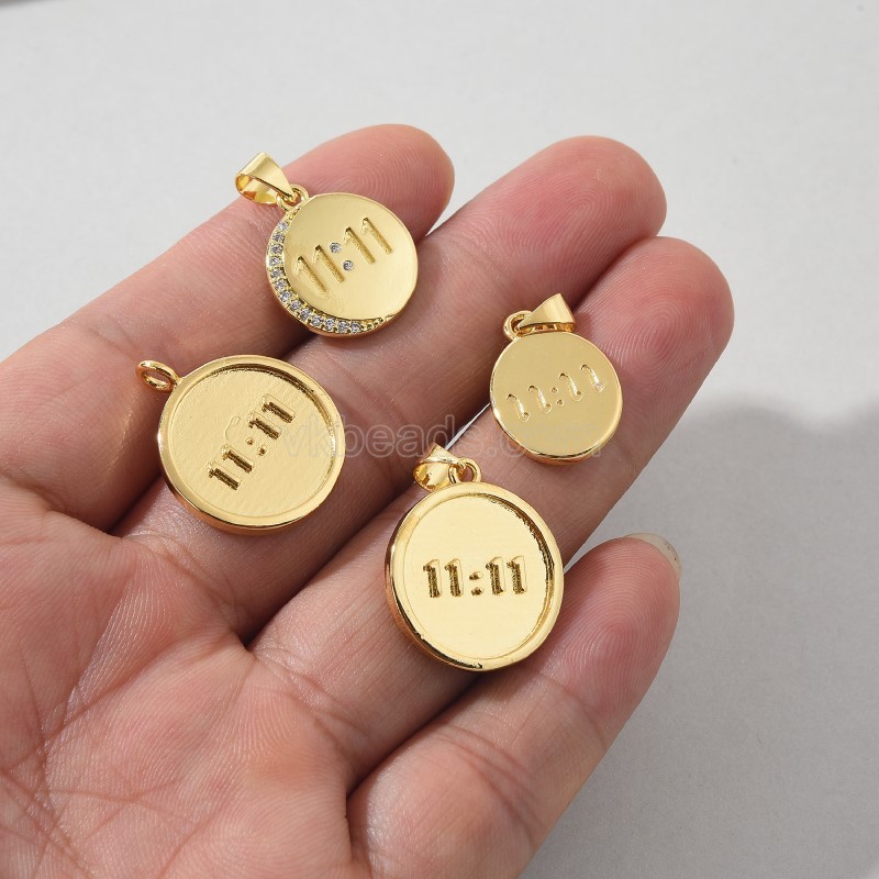 Numeric Clock Gold Color Plated Brass Flat Round Charm Pendants, Sell by Piece