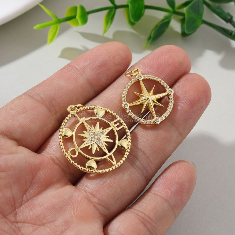 Openwork Compass Gold Color Plated Brass Flat Round Charm Pendants, Micro Pave White Cubic Zirconia, Sell by Piece