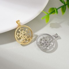 Six Stars Pattern Brass Flat Round Charm Pendants, Micro Pave White Cubic Zirconia, Approx 21x28mm, Sell by Piece