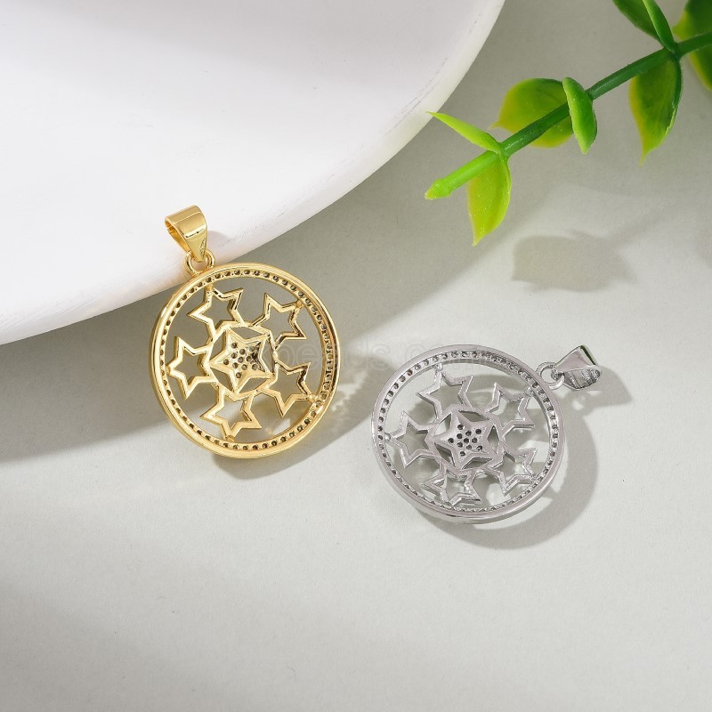 Six Stars Pattern Brass Flat Round Charm Pendants, Micro Pave White Cubic Zirconia, Approx 21x28mm, Sell by Piece