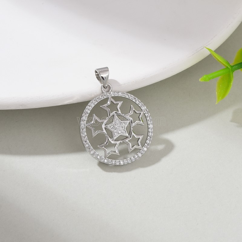 Six Stars Pattern Brass Flat Round Charm Pendants, Micro Pave White Cubic Zirconia, Approx 21x28mm, Sell by Piece