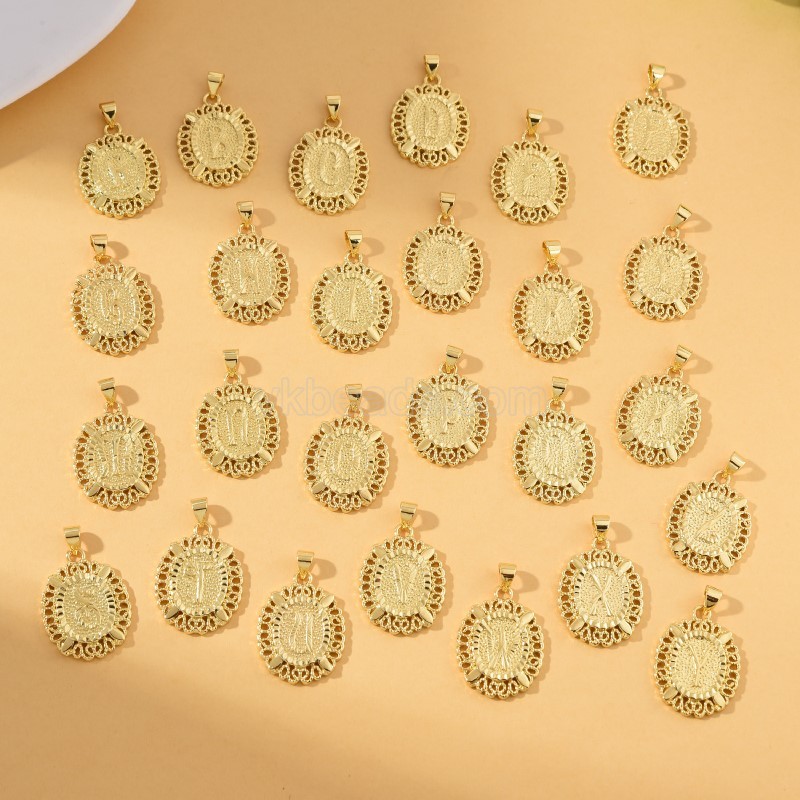 A-Z English Letters Gold Color Plated Brass Oval Charm Pendants, Approx 18x29mm, Sell by Piece