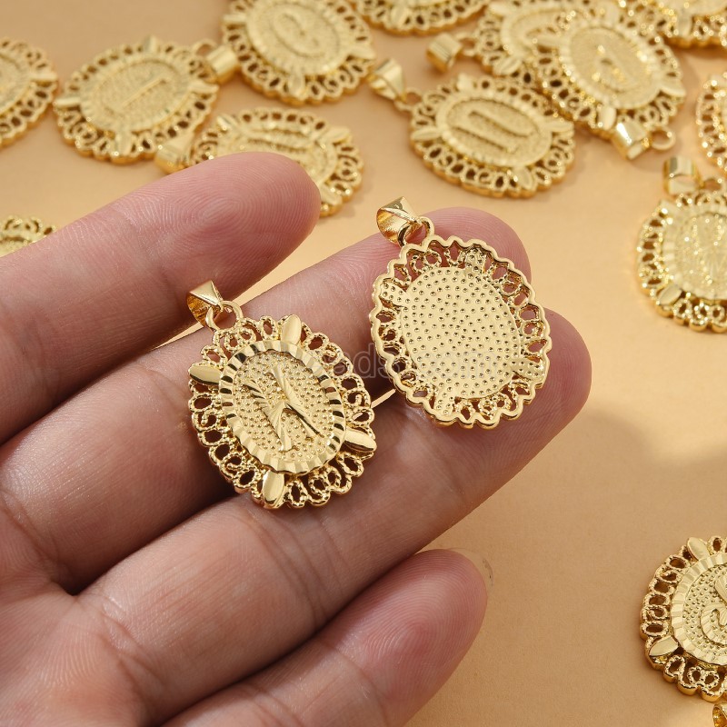 A-Z English Letters Gold Color Plated Brass Oval Charm Pendants, Approx 18x29mm, Sell by Piece
