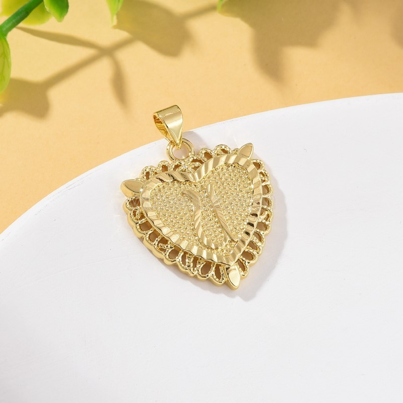 A-Z English Letters Gold Color Plated Brass Heart Shaped Charm Pendants, Approx 22x28mm, Sell by Piece