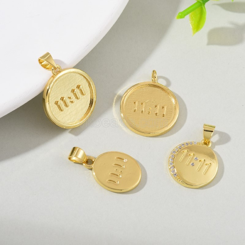 Numeric Clock Gold Color Plated Brass Flat Round Charm Pendants, Sell by Piece