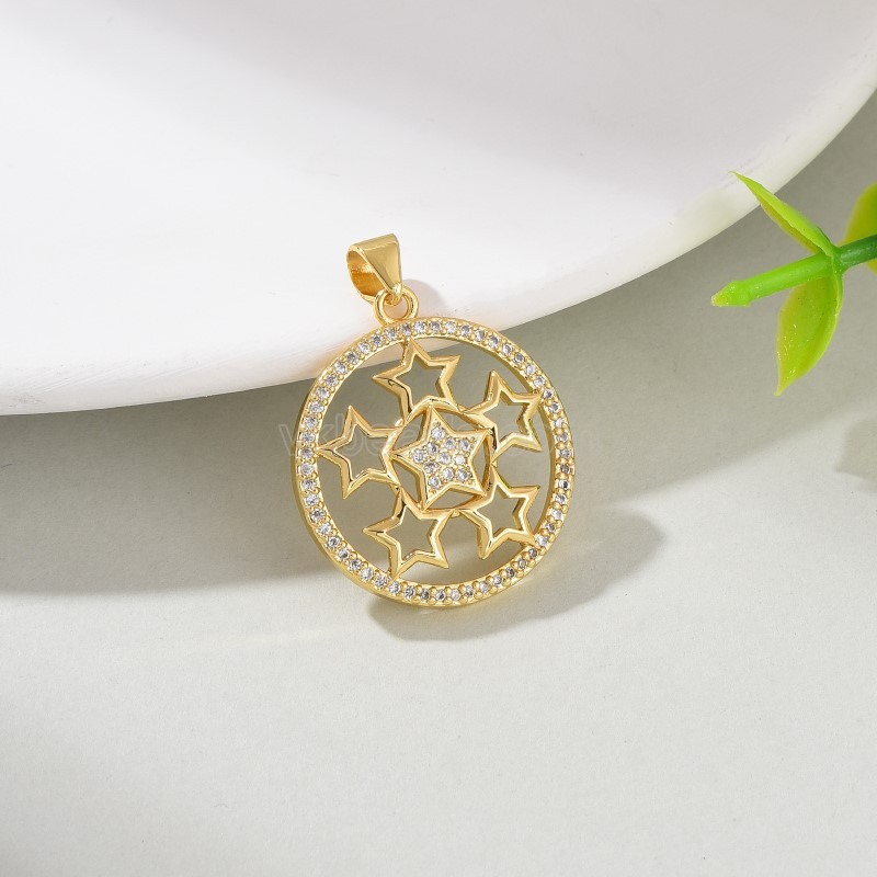 Six Stars Pattern Brass Flat Round Charm Pendants, Micro Pave White Cubic Zirconia, Approx 21x28mm, Sell by Piece