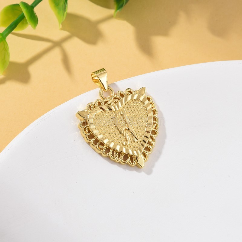 A-Z English Letters Gold Color Plated Brass Heart Shaped Charm Pendants, Approx 22x28mm, Sell by Piece