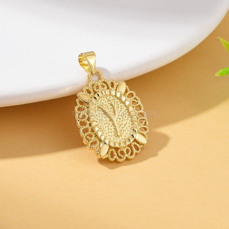A-Z English Letters Gold Color Plated Brass Oval Charm Pendants, Approx 18x29mm, Sell by Piece
