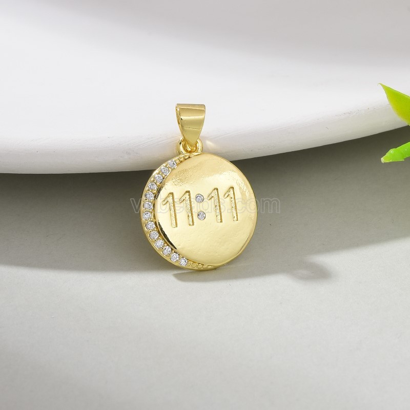 Numeric Clock Gold Color Plated Brass Flat Round Charm Pendants, Sell by Piece
