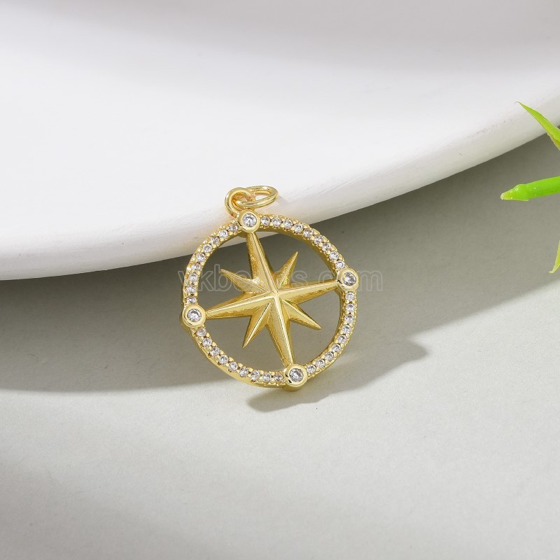 Openwork Compass Gold Color Plated Brass Flat Round Charm Pendants, Micro Pave White Cubic Zirconia, Sell by Piece