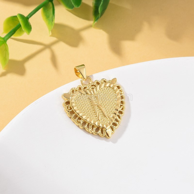 A-Z English Letters Gold Color Plated Brass Heart Shaped Charm Pendants, Approx 22x28mm, Sell by Piece