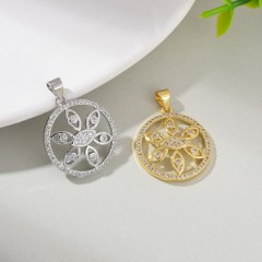 Evil Eye Pattern Brass Flat Round Charm Pendants, Micro Pave White Cubic Zirconia, Approx 21x28mm, Sell by Piece