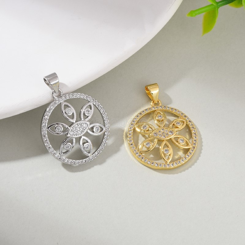 Evil Eye Pattern Brass Flat Round Charm Pendants, Micro Pave White Cubic Zirconia, Approx 21x28mm, Sell by Piece