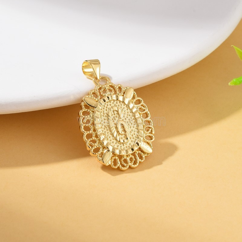 A-Z English Letters Gold Color Plated Brass Oval Charm Pendants, Approx 18x29mm, Sell by Piece