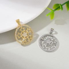 Six Stars Pattern Brass Flat Round Charm Pendants, Micro Pave White Cubic Zirconia, Approx 21x28mm, Sell by Piece