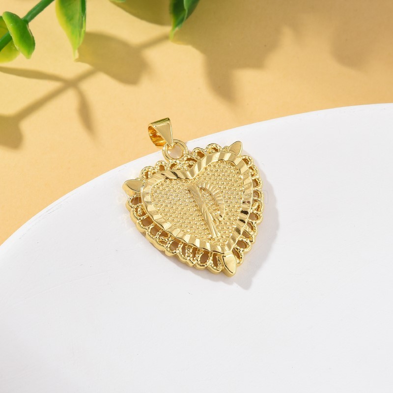 A-Z English Letters Gold Color Plated Brass Heart Shaped Charm Pendants, Approx 22x28mm, Sell by Piece