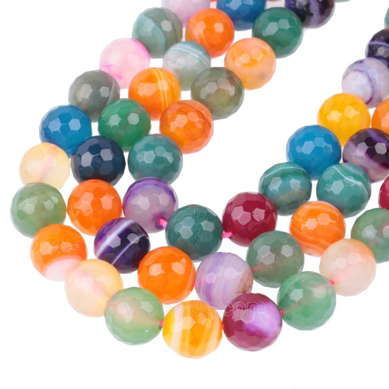 Multicolor Lace/Banded Agate Faceted Round Beads Strands, 128 Facets, Approx 6-14mm, 38cm/strand