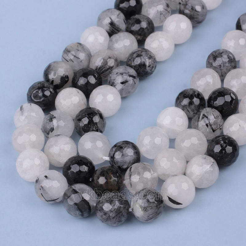 Black Rutilated Quartz Faceted Round Beads Strands, 128 Facets, Approx 4-12mm, 38cm/strand