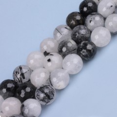 Black Rutilated Quartz Faceted Round Beads Strands, 128 Facets, Approx 4-12mm, 38cm/strand