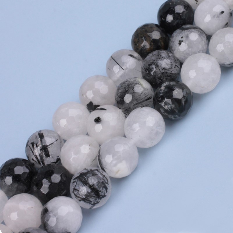 Black Rutilated Quartz Faceted Round Beads Strands, 128 Facets, Approx 4-12mm, 38cm/strand