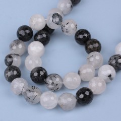 Black Rutilated Quartz Faceted Round Beads Strands, 128 Facets, Approx 4-12mm, 38cm/strand