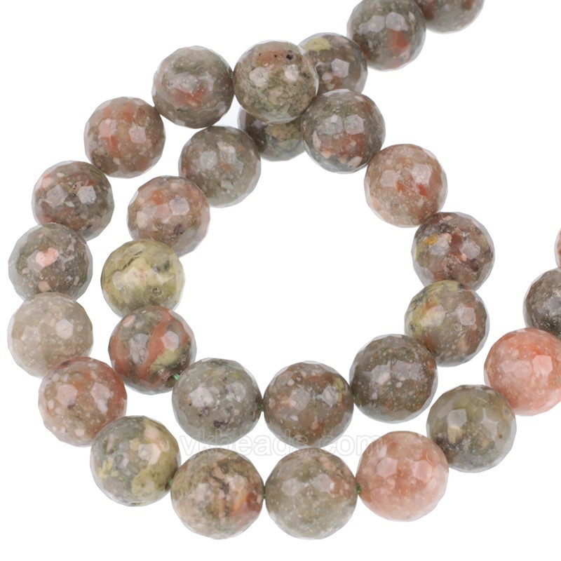 Chinese Unakite Faceted Round Beads Strands, 128 Facets, Approx 4-12mm, 38cm/strand